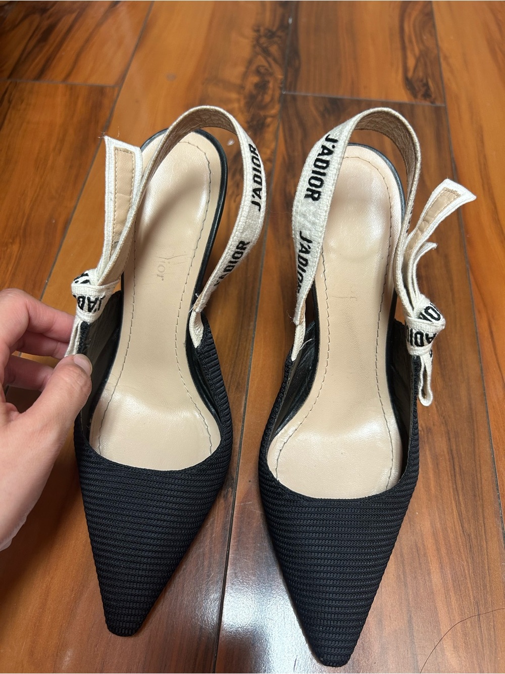 Dior Black Pointed Slingback Heels with White J'Adior Straps - Picture 2 of 3